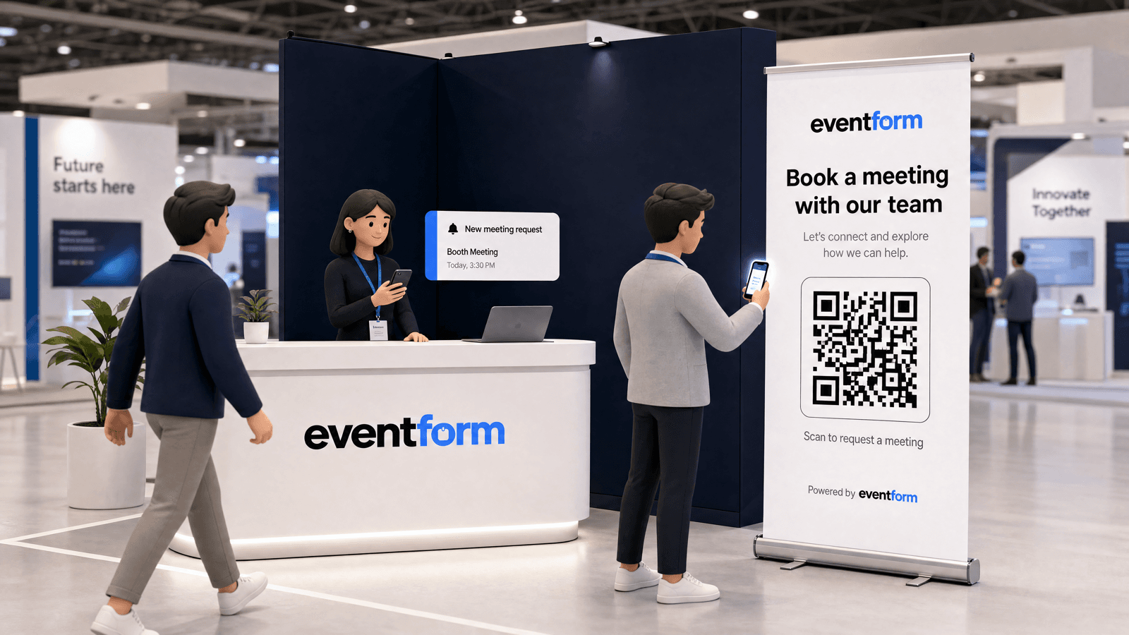 Isometric illustration of a trade show booth with visitors scanning a QR code to book meetings via eventForm