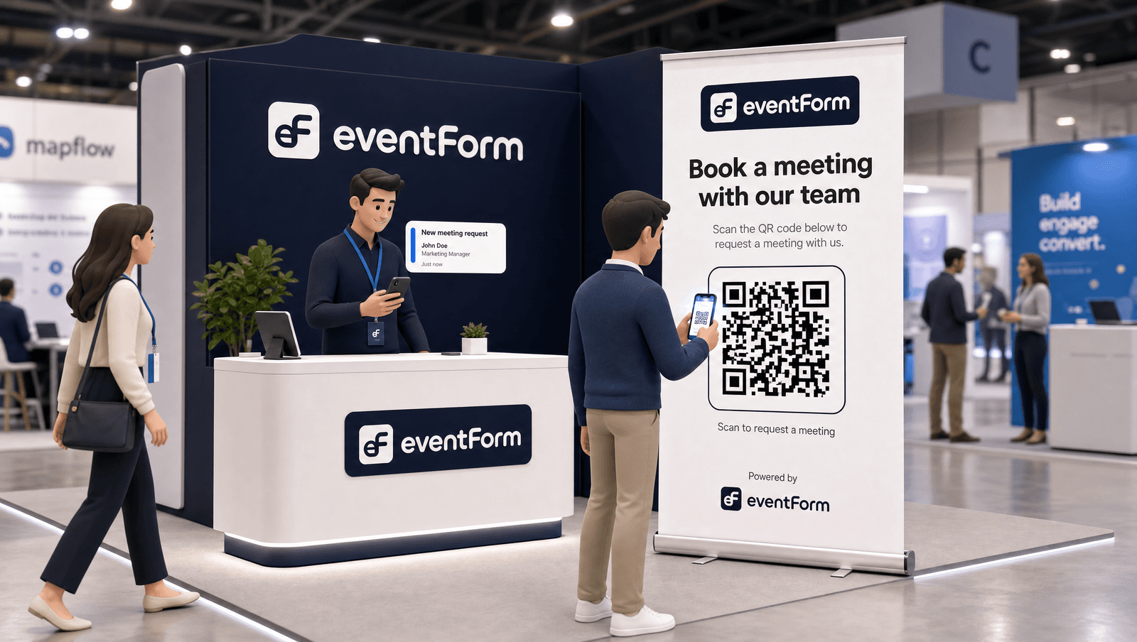 Isometric illustration of a trade show booth with visitors scanning a QR code to book meetings via eventForm