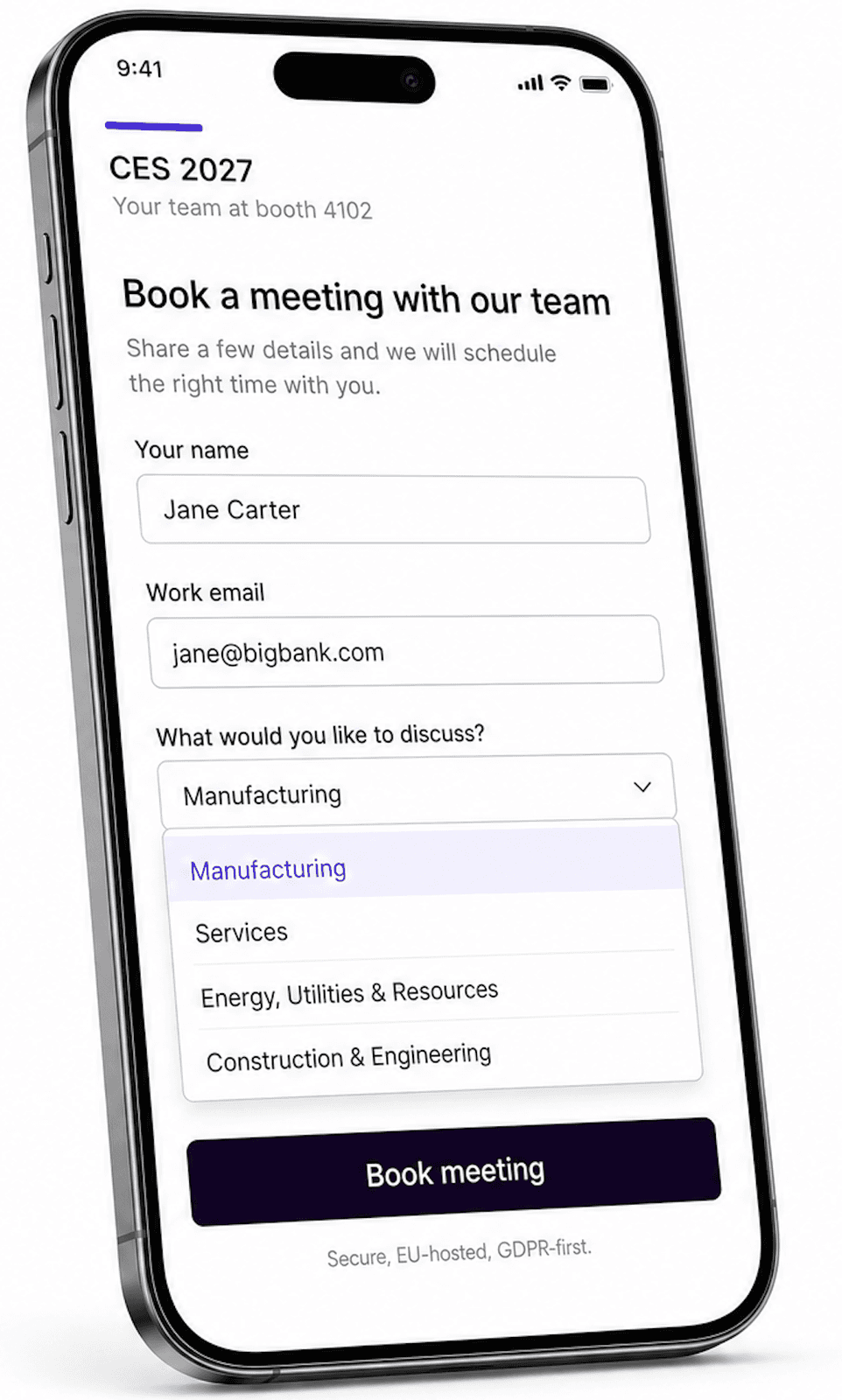 eventForm booking page shown on a phone, with an event header, a short form, and a primary Book meeting button